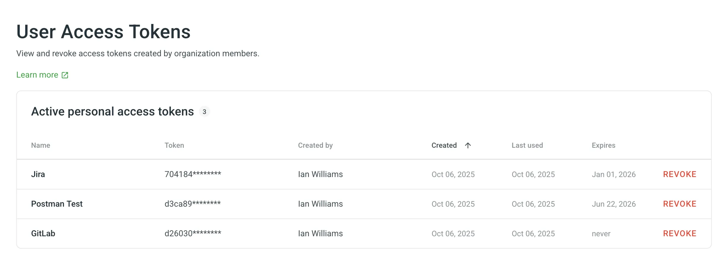 User Access Tokens page